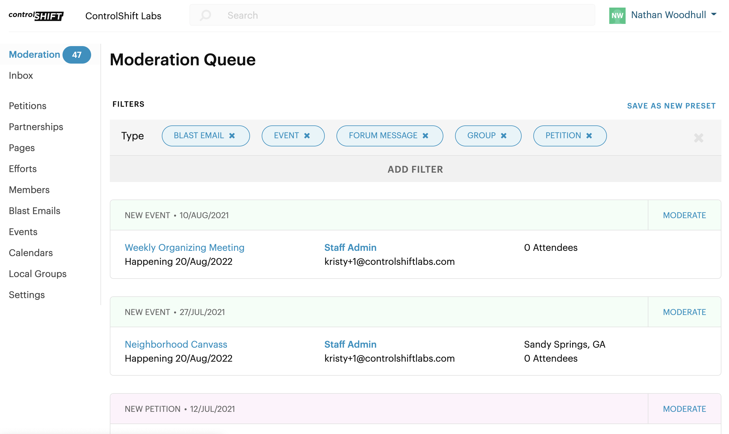 A screenshot of the ControlShift moderation queue interface