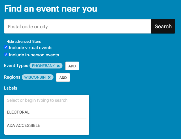 expanded filters on an event search page