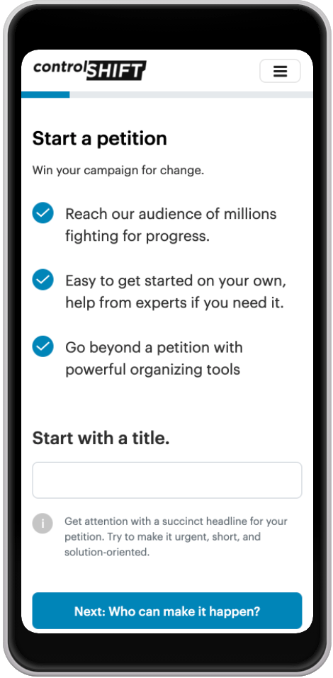 The new petition creation form as seen on a mobile device.
