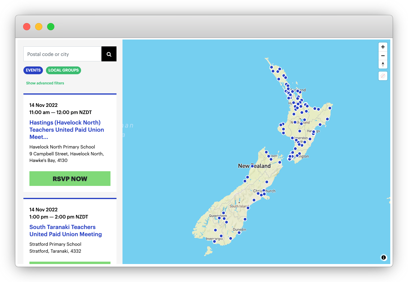 A map of events makes it easy for supporters to find events near them.