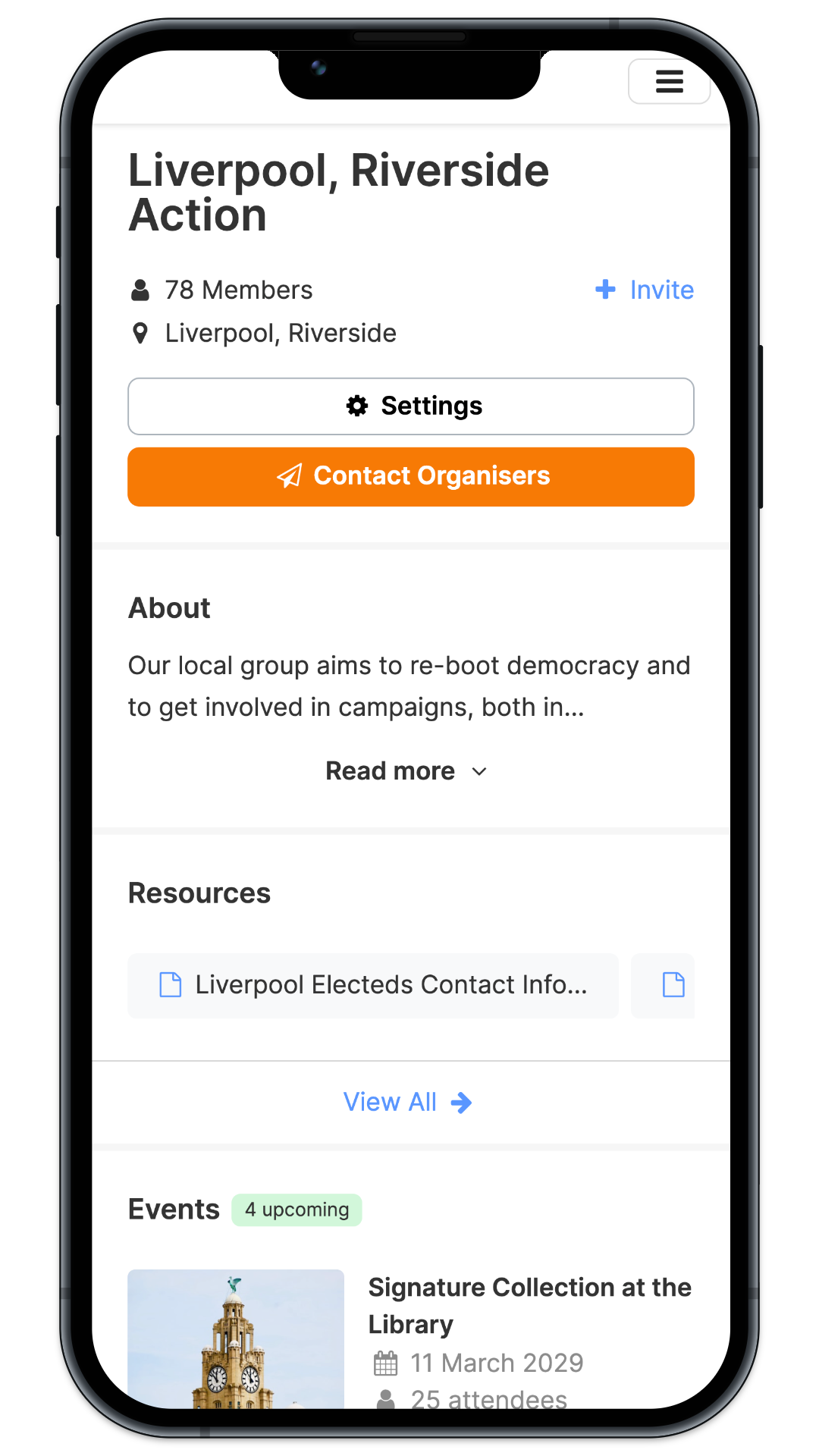 A local group page is displayed on a mobile device
